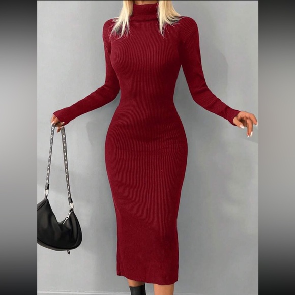 Luxe burgundy high neck sweater bodycon dress - Picture 16 of 16
